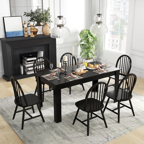 Gymax 7 PCS Dining Set Rectangular Wooden Dining Table 6 Windsor Chairs Kitchen Black