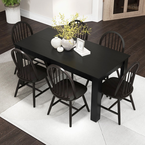 Gymax 7 PCS Dining Set Rectangular Wooden Dining Table 6 Windsor Chairs Kitchen Black