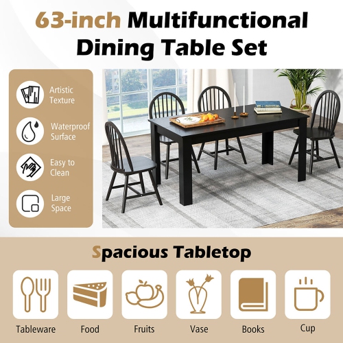Gymax 5 PCS Dining Set Rectangular Wooden Dining Table 4 Windsor Chairs Kitchen Black