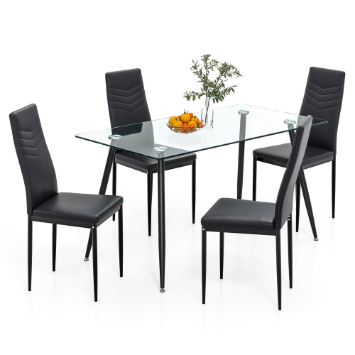 GYMAX  5 PCs 51" Rectangle Dining Set 0.3" Thick Glass Table W/ 4 Padded Dining Chairs