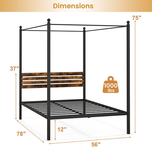 Gymax Twin/Full/Queen Size 4-Post Canopy Bed Frame Rustproof Metal Noise-free with Foot Pads
