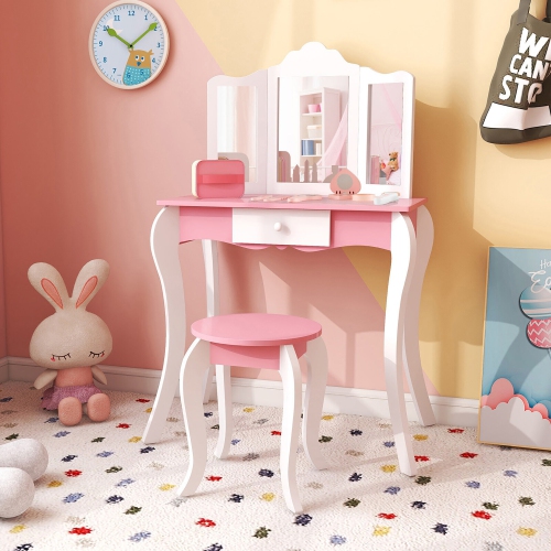 Gymax Kid Vanity Table and Chair Detachable Tri-Folding Mirror Pretend Play Makeup Set