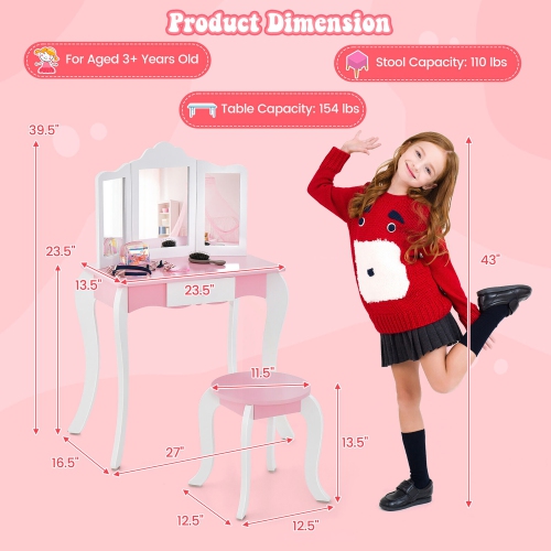 Gymax Kid Vanity Table and Chair Detachable Tri-Folding Mirror Pretend Play Makeup Set