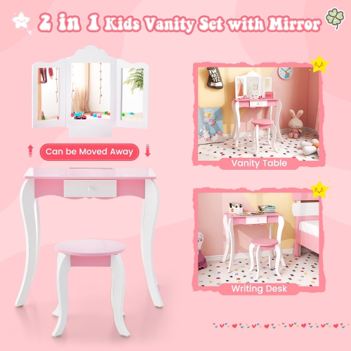 Gymax Kid Vanity Table and Chair Detachable Tri-Folding Mirror Pretend Play Makeup Set