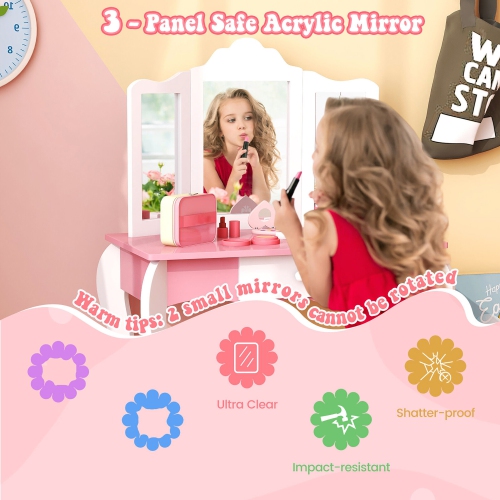 Gymax Kid Vanity Table and Chair Detachable Tri-Folding Mirror Pretend Play Makeup Set