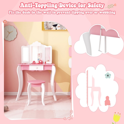 Gymax Kid Vanity Table and Chair Detachable Tri-Folding Mirror Pretend Play Makeup Set