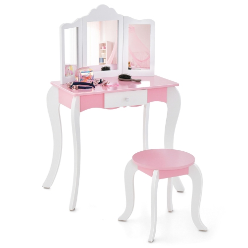 Gymax Kid Vanity Table and Chair Detachable Tri-Folding Mirror Pretend Play Makeup Set