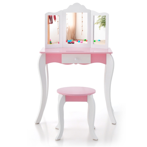 Gymax Kid Vanity Table and Chair Detachable Tri-Folding Mirror Pretend Play Makeup Set