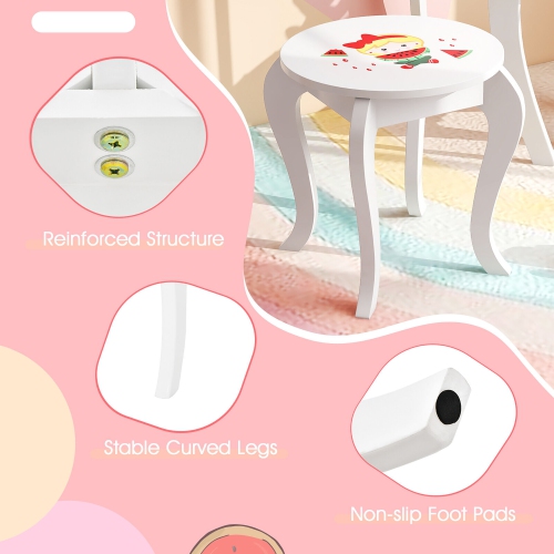 Gymax Kid Vanity Table Stool Set Storage Drawer Watermelon Patterns Play Makeup Set