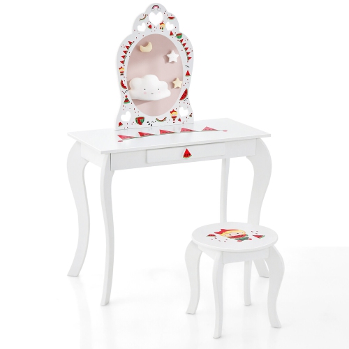 Gymax Kid Vanity Table Stool Set Storage Drawer Watermelon Patterns Play Makeup Set