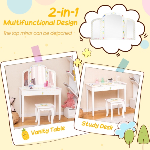 Gymax Kids Vanity Table Set Tri-Folding Mirror Pretend Play Dressing Large Drawer