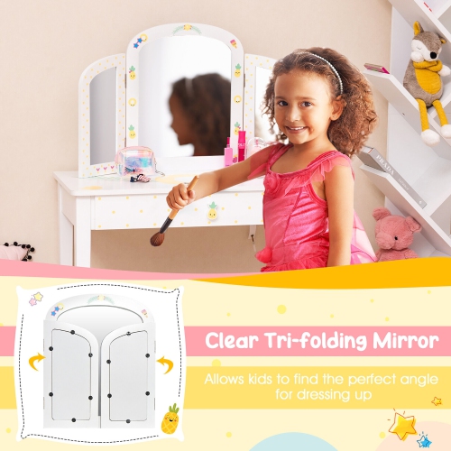 Gymax Kids Vanity Table Set Tri-Folding Mirror Pretend Play Dressing Large Drawer