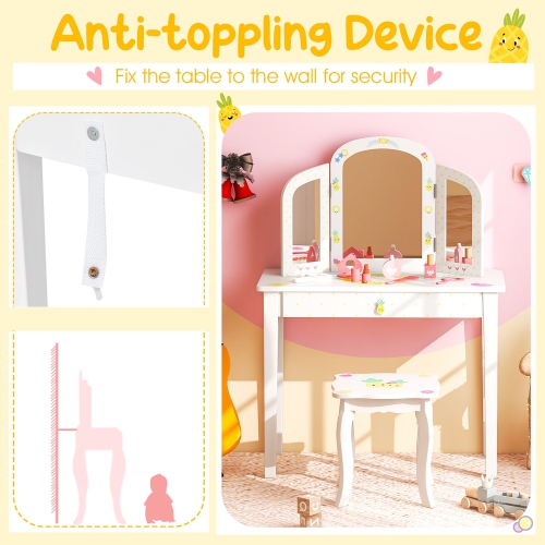 Gymax Kids Vanity Table Set Tri-Folding Mirror Pretend Play Dressing Large Drawer
