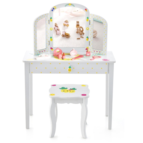 Gymax Kids Vanity Table Set Tri-Folding Mirror Pretend Play Dressing Large Drawer