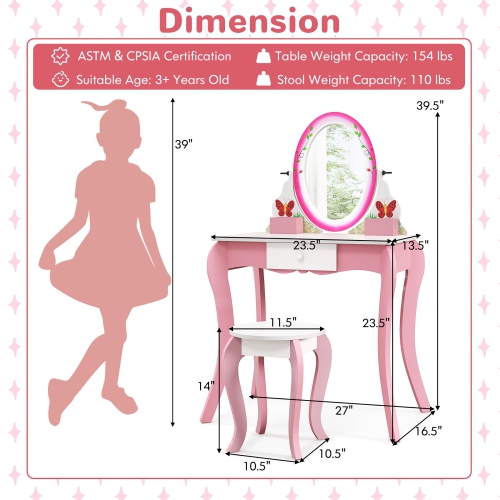 Gymax Kids Vanity Table Stool Set Pretend Play Makeup Desk with Whiteboard Markers