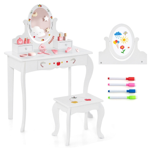 Gymax Kid Vanity Table Stool Set Dual-use Rotatable Mirror Whiteboard 4 Markers