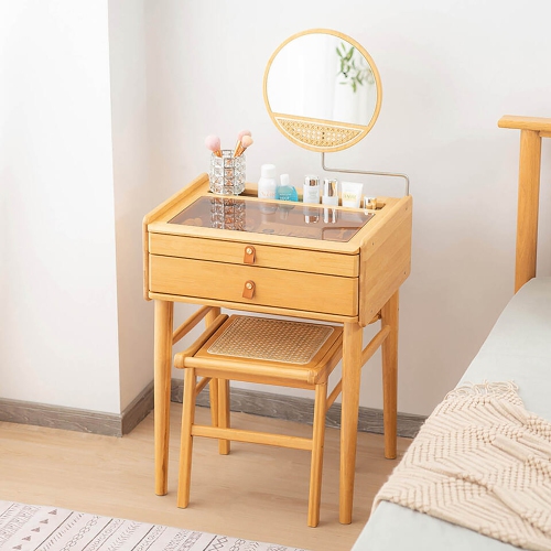 Gymax Vanity Table Set Bamboo Makeup Dressing Desk Stool Tempered Glass Tabletop