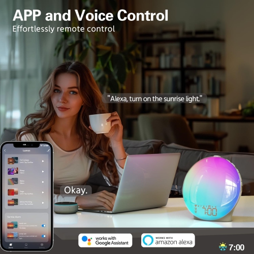 Sunrise Alarm Clock with Smart APP Control, Sunrise Simulation, Noise Sound Machine, Dual Alarms, FM Radio - Enhance Your Morning Routine, Alarm