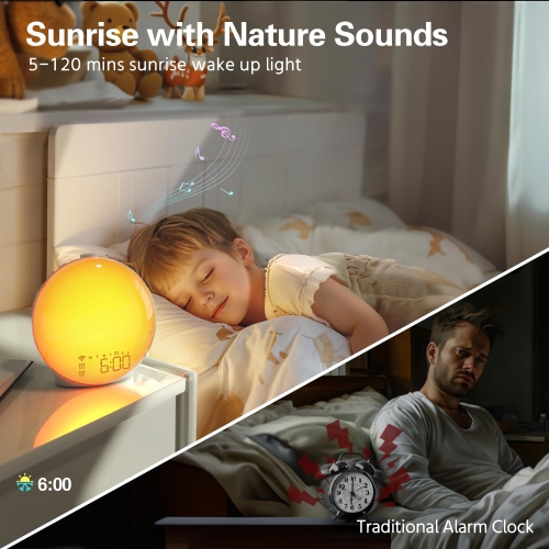 Sunrise Alarm Clock with Smart APP Control, Sunrise Simulation, Noise Sound Machine, Dual Alarms, FM Radio - Enhance Your Morning Routine, Alarm