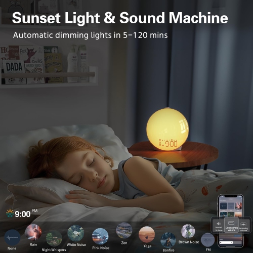 Sunrise Alarm Clock with Smart APP Control, Sunrise Simulation, Noise Sound Machine, Dual Alarms, FM Radio - Enhance Your Morning Routine, Alarm