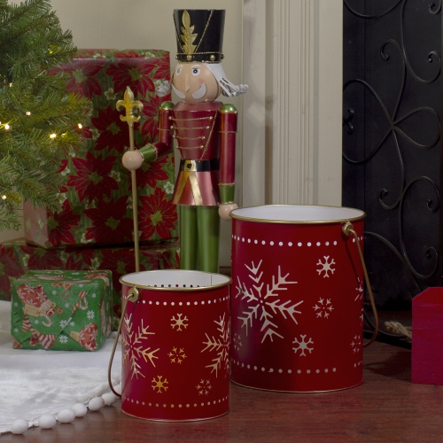 Set of 2 Red and Gold Metal Snowflake Candle Lanterns Christmas Decoration