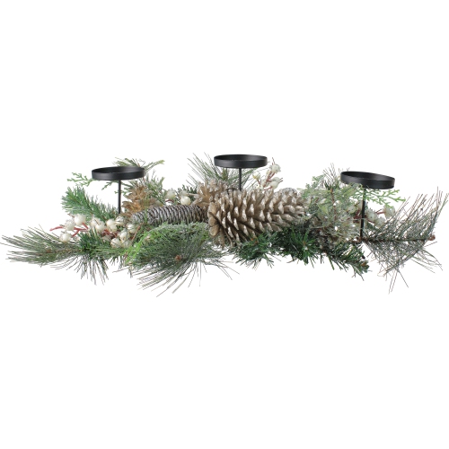 Frosted Long Needle Pine and Berries Christmas Triple Candle Holder - 24"