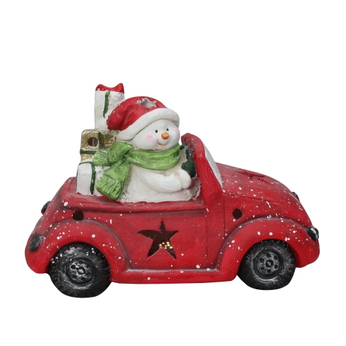 Pre-Lit LED Joyful Snowman Driving a Red Beetle Star Car Tabletop Decor