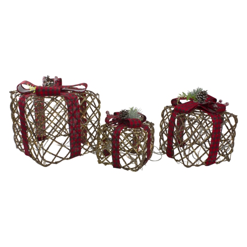 NORTHLIGHT  Lighted Rattan Christmas Gift Boxes With Pinecones - Led Warm - Set Of 3 In White