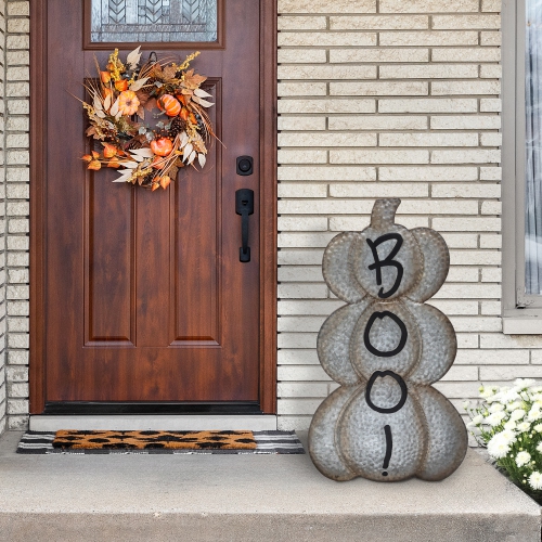NORTHLIGHT  Boo Stacked Pumpkins Metal Halloween Porch Sign - 28" - In Silver
