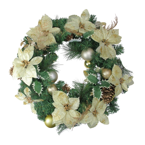 Glitter Poinsettia and Pine Cone Artificial Christmas Wreath - 24" - Unlit