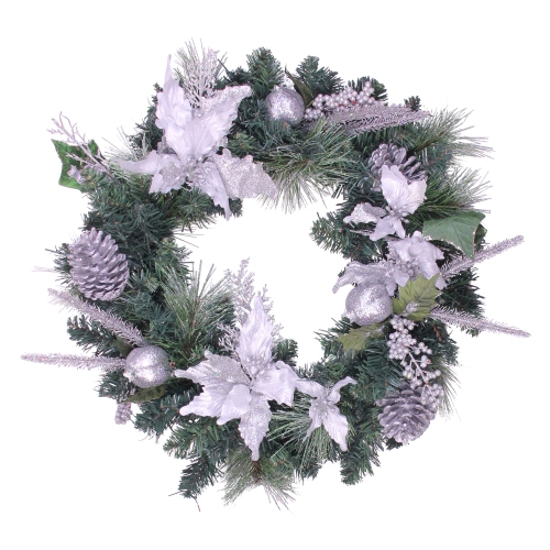 NORTHLIGHT  Glittered Poinsettia With Pine Cones Artificial Christmas Wreath - 24" - Unlit