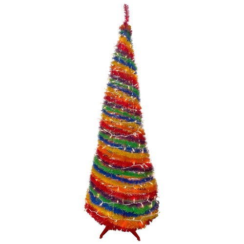 NORTHLIGHT  6' Pre-Lit Rainbow Tinsel Pop-Up Artificial Christmas Tree, Clear Lights