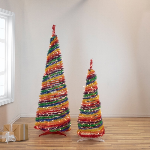 6' Pre-Lit Rainbow Tinsel Pop-Up Artificial Christmas Tree, Clear Lights