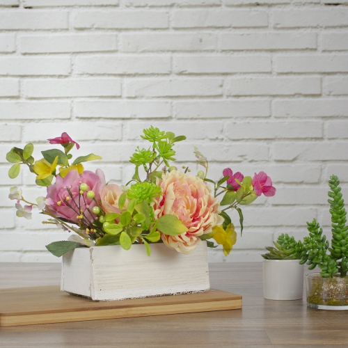 Artificial Roses and Peony Floral Arrangement in Planter - 14" - Pink and Yellow
