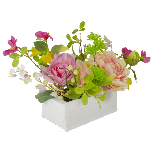 Artificial Roses and Peony Floral Arrangement in Planter - 14" - Pink and Yellow