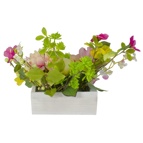 Artificial Roses and Peony Floral Arrangement in Planter - 14" - Pink and Yellow