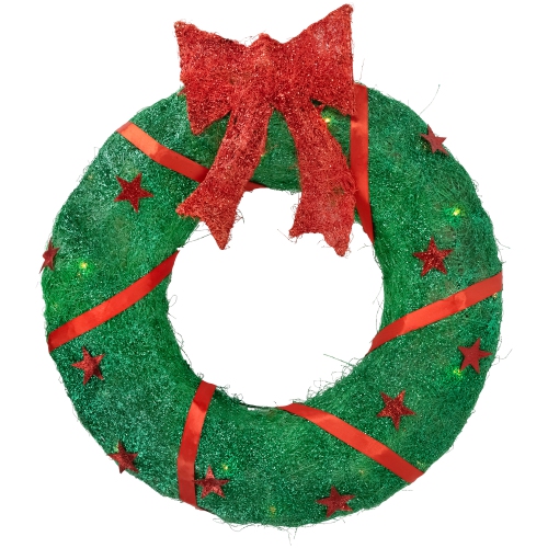 18" Lighted Sisal Wreath with Stars and Bow Christmas Outdoor Decoration