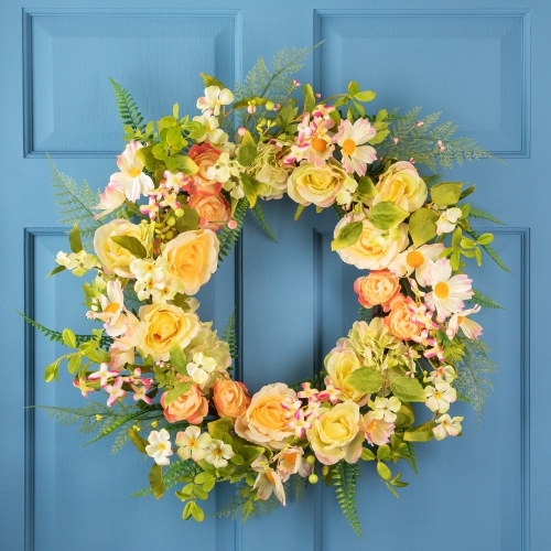 Daisy, Peony and Roses Artificial Floral Spring Wreath - 26"