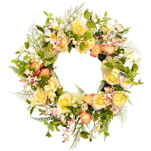 Daisy, Peony and Roses Artificial Floral Spring Wreath - 26"