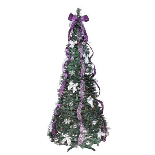 NORTHLIGHT  6' Pre-Lit Purple And Pre-Decorated Pop-Up Artificial Christmas Tree, Clear Lights In Silver