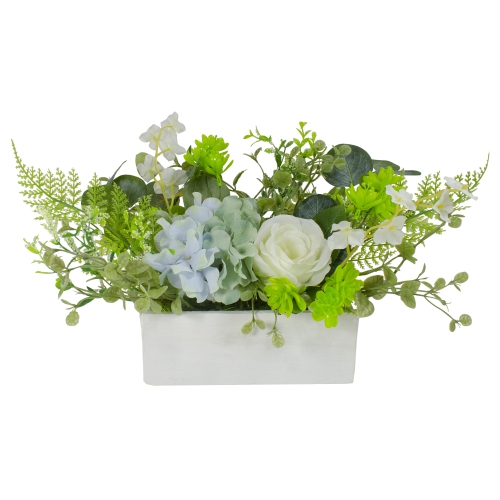 NORTHLIGHT  Hydrangea And Rose Artificial Floral Arrangement In Planter - 14" - And White In Blue