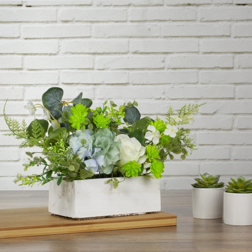 Hydrangea and Rose Artificial Floral Arrangement in Planter - 14" - Blue and White