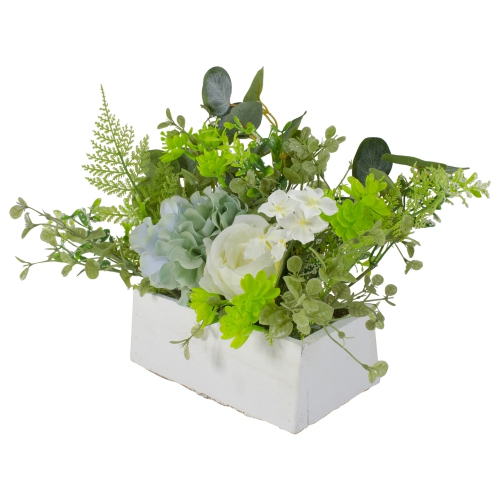 Hydrangea and Rose Artificial Floral Arrangement in Planter - 14" - Blue and White