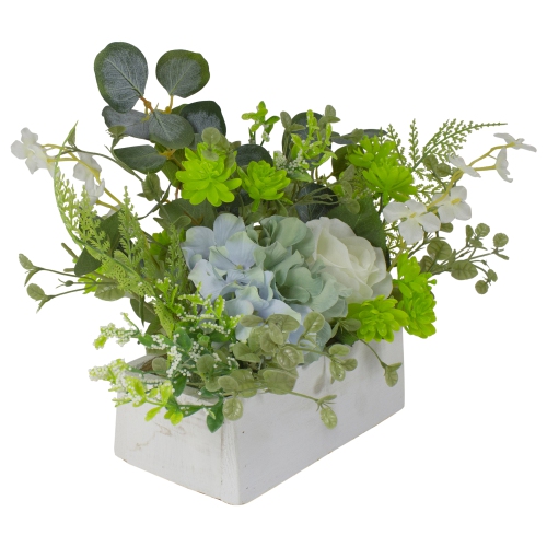 Hydrangea and Rose Artificial Floral Arrangement in Planter - 14" - Blue and White