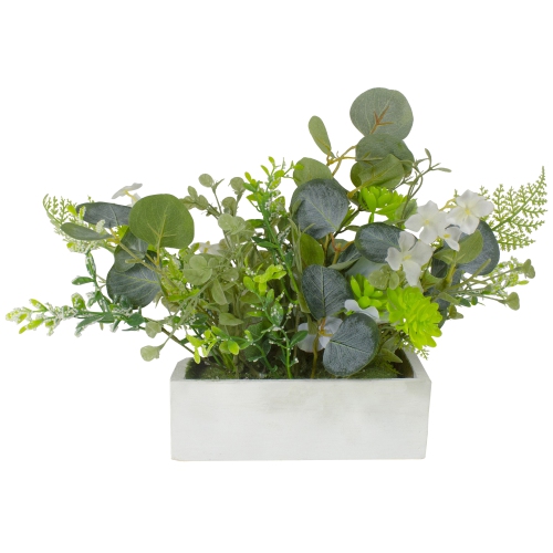 Hydrangea and Rose Artificial Floral Arrangement in Planter - 14" - Blue and White