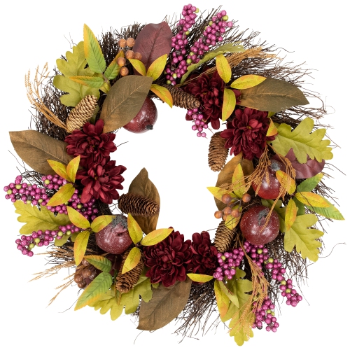 Mums and Pomegranates Artificial Fall Harvest Twig Wreath, 24-Inch