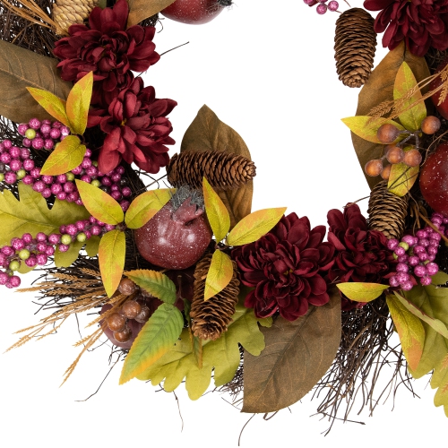 Mums and Pomegranates Artificial Fall Harvest Twig Wreath, 24-Inch
