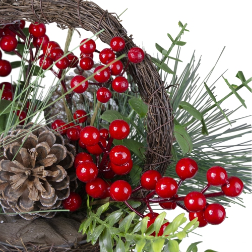 15" Eucalyptus Pine and Berry Artificial Christmas Grapevine Basket