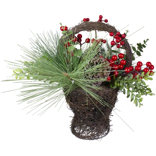 15" Eucalyptus Pine and Berry Artificial Christmas Grapevine Basket