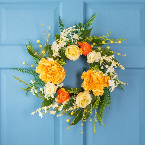 Hydrangea and Rose Artificial Floral Twig Wreath - Orange - 16"